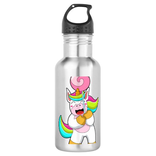 Einhorn mit Lollipop Edelstahlflasche (Vorderseite)