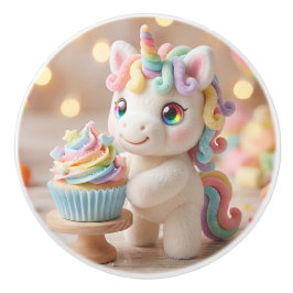 Einhorn mit Regenbogen-Cupcake in Pastellfarben un Keramikknauf