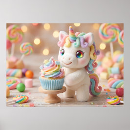 Einhorn mit Regenbogen-Cupcake in Pastellfarben un Poster