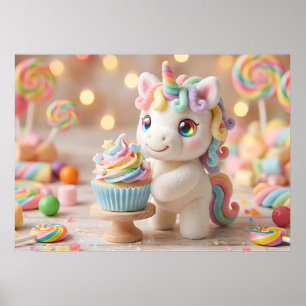 Einhorn mit Regenbogen-Cupcake in Pastellfarben un Poster