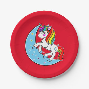 Einhorn mit Regenbogen, Himmelblau, Mond und Stern Pappteller