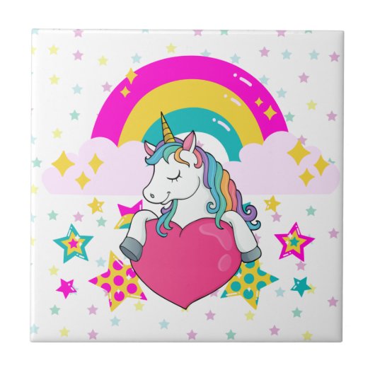 Einhorn mit Regenbogen und Sternen Fliese (Vorderseite)