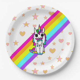 Einhorn mit Regenbogenfarben und Schmetterling auf Pappteller