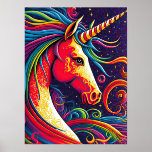 Einhorn mit Regenbogenmane und Starry Night Ai Art Poster
