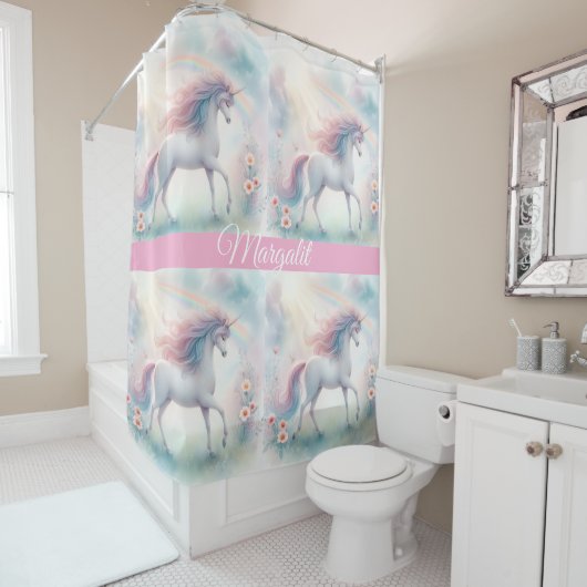 Einhorn mit Regenbogenname Duschvorhang (Beispiel)
