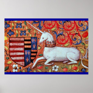 EINHORN MIT ROTEN BLAUEN BLUMENMOTIVEN POSTER