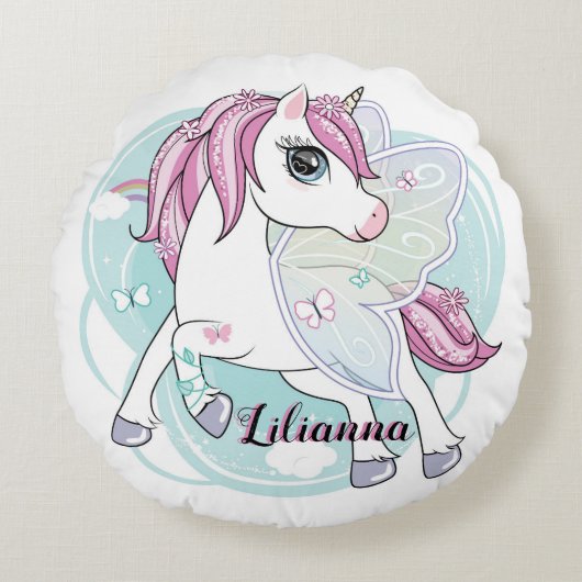 Einhorn mit Schmetterlingswein Rundes Kissen (Vorderseite)