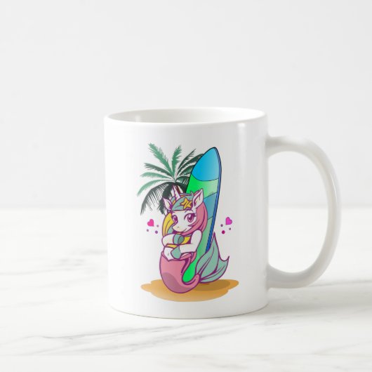 Einhorn mit Surfbrett am Strand Kaffeetasse (Rechts)