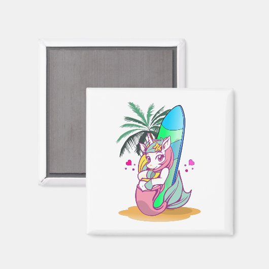 Einhorn mit Surfbrett am Strand Magnet (Vorderseite/Rückseite)