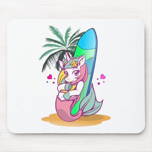 Einhorn mit Surfbrett am Strand Mousepad (Vorne)