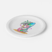 Einhorn mit Surfbrett am Strand Pappteller (Schrägansicht)