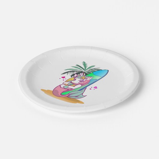 Einhorn mit Surfbrett am Strand Pappteller (Schrägansicht)