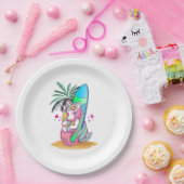 Einhorn mit Surfbrett am Strand Pappteller (Party)