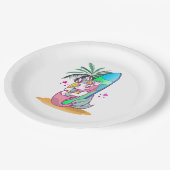 Einhorn mit Surfbrett am Strand Pappteller (Schrägansicht)