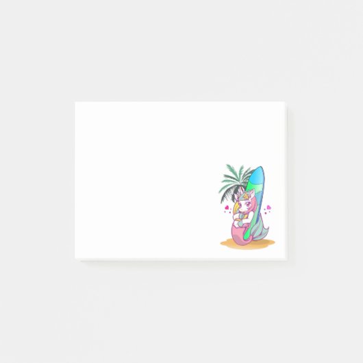 Einhorn mit Surfbrett am Strand Post-it Klebezettel (Vorderseite)