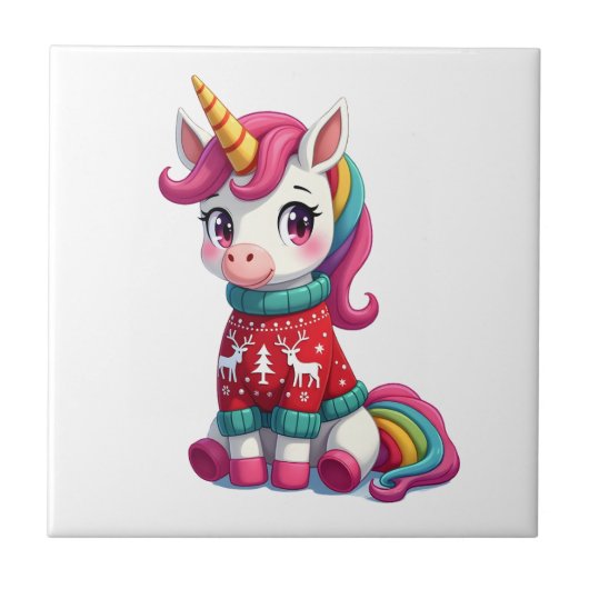 Einhorn mit Weihnachtspullover Einhorn Mädchen Chr Fliese (Vorderseite)