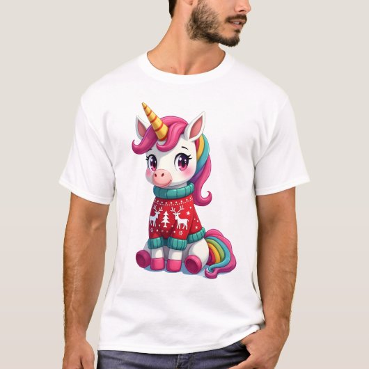 Einhorn mit Weihnachtspullover Einhorn Mädchen Chr T-Shirt (Vorderseite)
