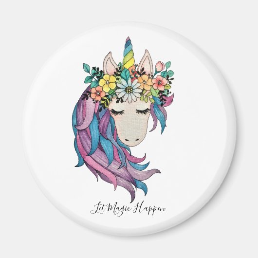 Einhorn mit Wildblumen in Wasserfarbe Magnet (Vorne)