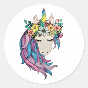 Einhorn mit Wildblumen in Wasserfarbe Runder Aufkleber