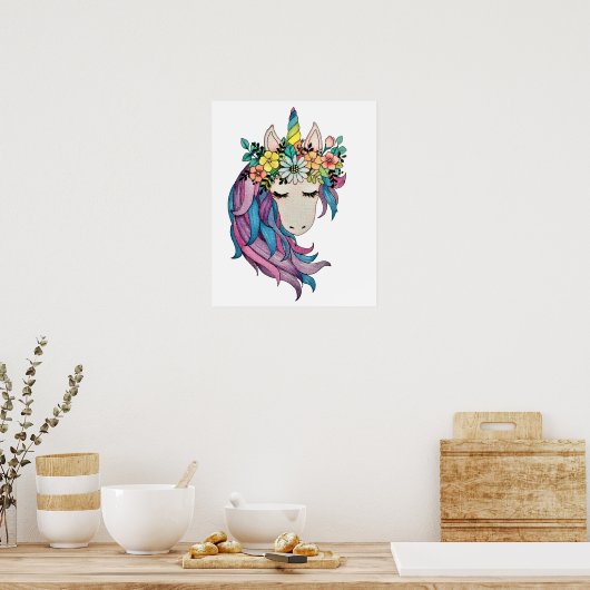 Einhorn mit wilden Blume in Wasserfarbe Poster (Küche)