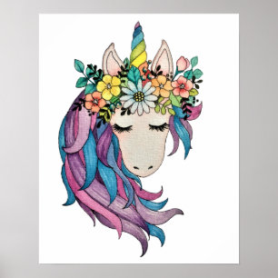 Einhorn mit wilden Blume in Wasserfarbe Poster