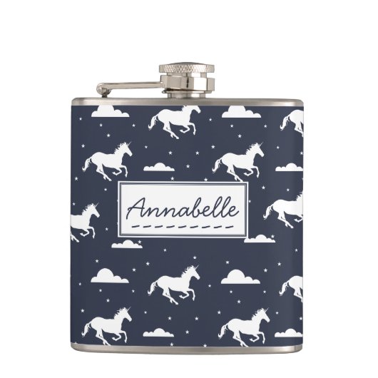 Einhorn-Mitternachtshimmel-Muster Flachmann (Vorderseite)