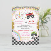 Einhorn & Monster LKWs Geschwister Geburtstag einl Einladung (Stehend Vorderseite)