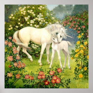 Einhorn-Mutter und -Baby unter Blüten im Frühling Poster