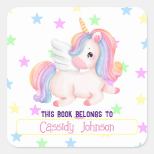 Einhorn-Name-Exlibris mit Pastell-Regenbogen Quadratischer Aufkleber