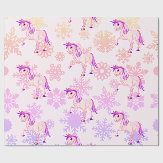 Einhorn Niedlich Girl Whimsical Pink Schneeflocken Geschenkpapier (Flach)