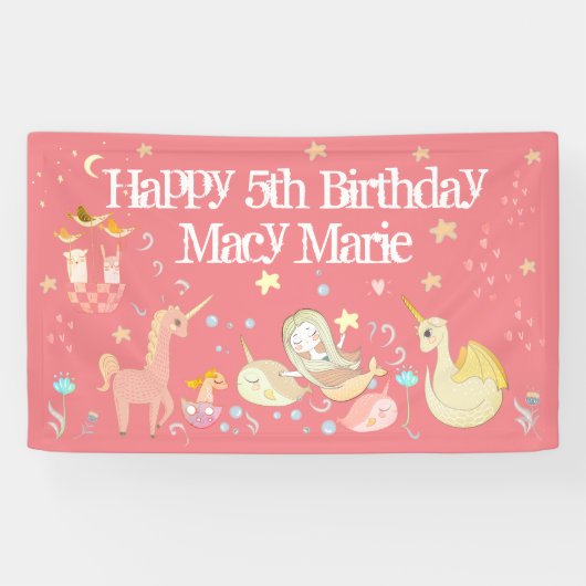 Einhorn-Nixe-Drache-Fantasy-Rosa-Party Banner (Horizontal)