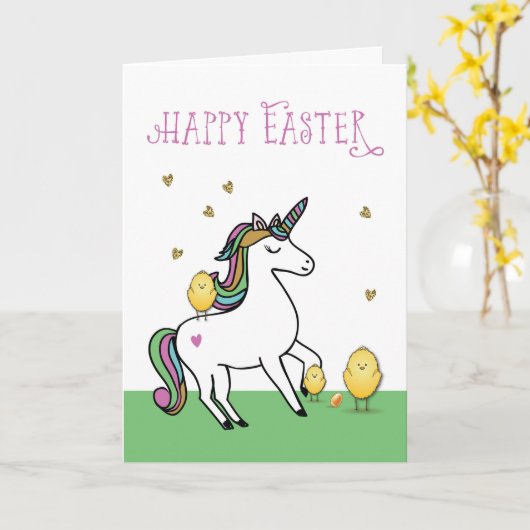 Einhorn Ostern Wünsche mit Küken Karte (Gelbe Blume)