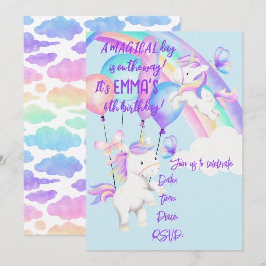 Einhorn-Party Einladung (Vorne/Hinten)