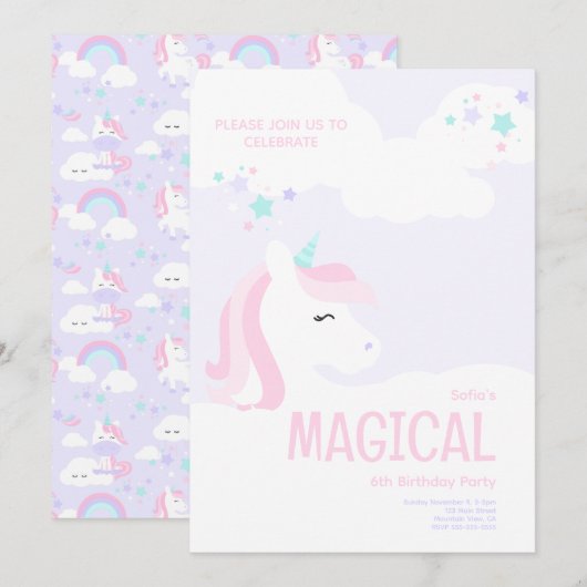Einhorn-Party Einladung (Vorne/Hinten)