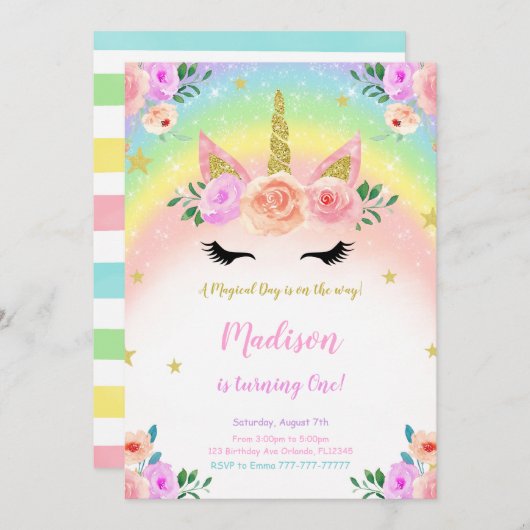 Einhorn-Party Einladung (Vorne/Hinten)
