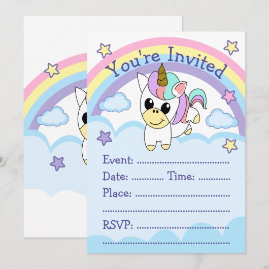 Einhorn-Party Einladung (Vorne/Hinten)