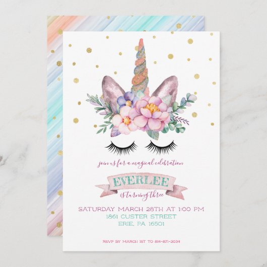 Einhorn-Party Einladung | Unicorn Cake (Vorne/Hinten)