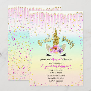 Einhorn Pastell Regenbogen-Frosting-Tropf Geburtst Einladung