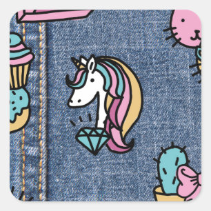 Einhorn-Patches-Denim Quadratischer Aufkleber