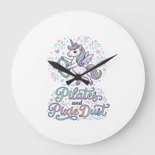 Einhorn Pilates und Feenstaub Weißer Hintergrund V Große Wanduhr