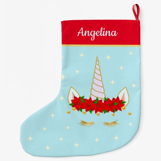 Einhorn, Poinsettia Blume & Sterne auf hellblau Großer Weihnachtsstrumpf (Rückseite)