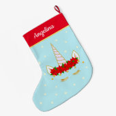 Einhorn, Poinsettia Blume & Sterne auf hellblau Großer Weihnachtsstrumpf (Rückseite (Hängend))