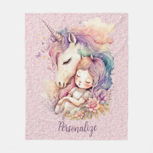 Einhorn Prinzessin schlafen in Blume Rosa Glitzer Fleecedecke