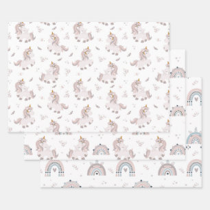 Einhorn Regenbogen Boho Trend Pink Grau Blau Geschenkpapier Set