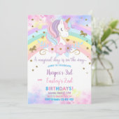 Einhorn & Regenbogen Geschwister Geburtstagseinlad Einladung (Stehend Vorderseite)