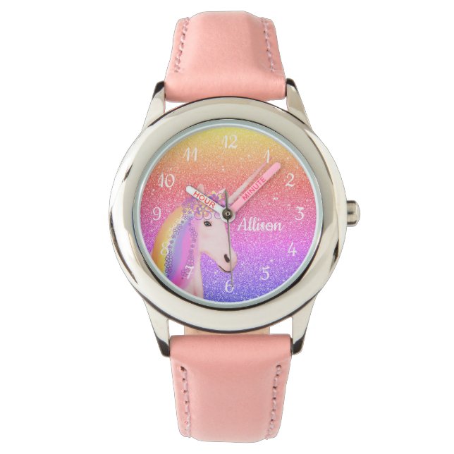 Einhorn Regenbogen Glitzer Rosa Personalisiert Armbanduhr (Vorderseite)