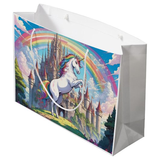 Einhorn, Regenbogen Große Geschenktüte (Rückseite Schrägansicht)