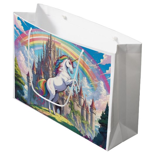 Einhorn, Regenbogen Große Geschenktüte (Vorderseite Schrägansicht)