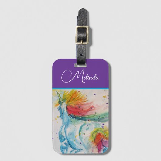 Einhorn Regenbogen Lila Wasserfarbe Mädchen Geburt Gepäckanhänger (Vorderseite Vertikal)