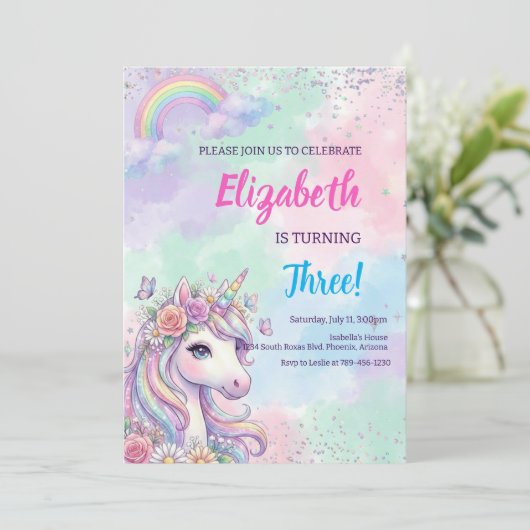 Einhorn Regenbogen Magischer Geburtstag Einladung (Stehend Vorderseite)